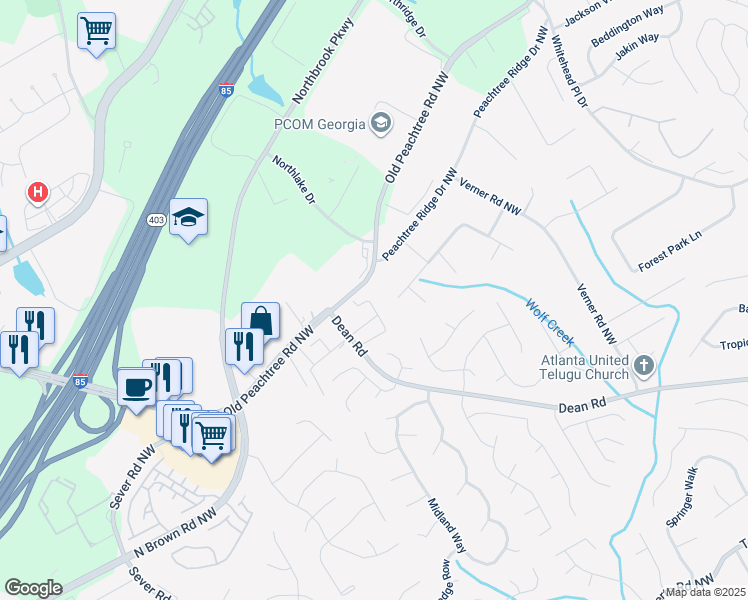 map of restaurants, bars, coffee shops, grocery stores, and more near 2459 Birkhall Way Northwest in Lawrenceville