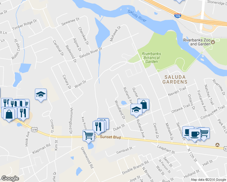 map of restaurants, bars, coffee shops, grocery stores, and more near 1129 Woodland Drive in West Columbia