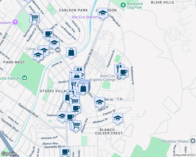 map of restaurants, bars, coffee shops, grocery stores, and more near 3000 Summertime Lane in Culver City