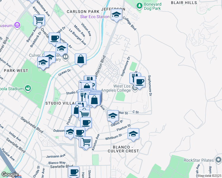 map of restaurants, bars, coffee shops, grocery stores, and more near 4202 Summertime Lane in Culver City