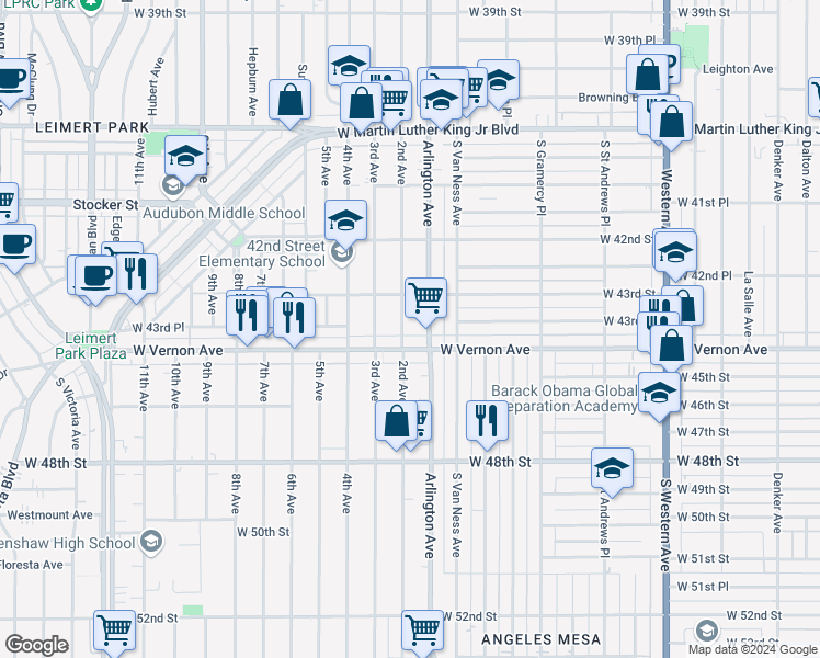 map of restaurants, bars, coffee shops, grocery stores, and more near 4340 2nd Avenue in Los Angeles