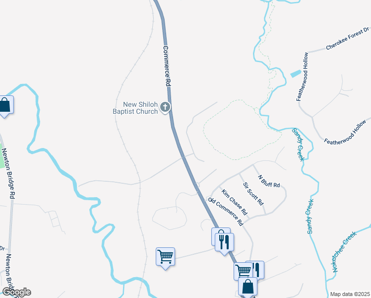 map of restaurants, bars, coffee shops, grocery stores, and more near 156 Oak Bluff Drive in Athens