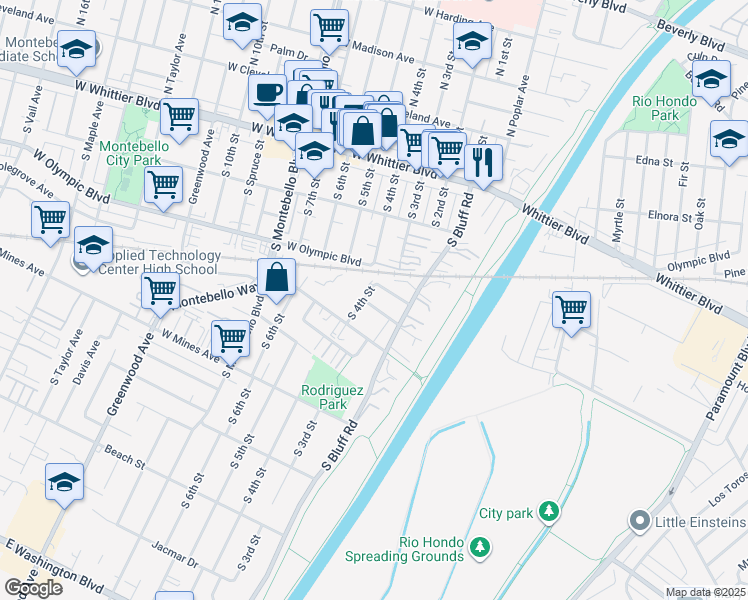 map of restaurants, bars, coffee shops, grocery stores, and more near 132 Mountain View Avenue in Montebello