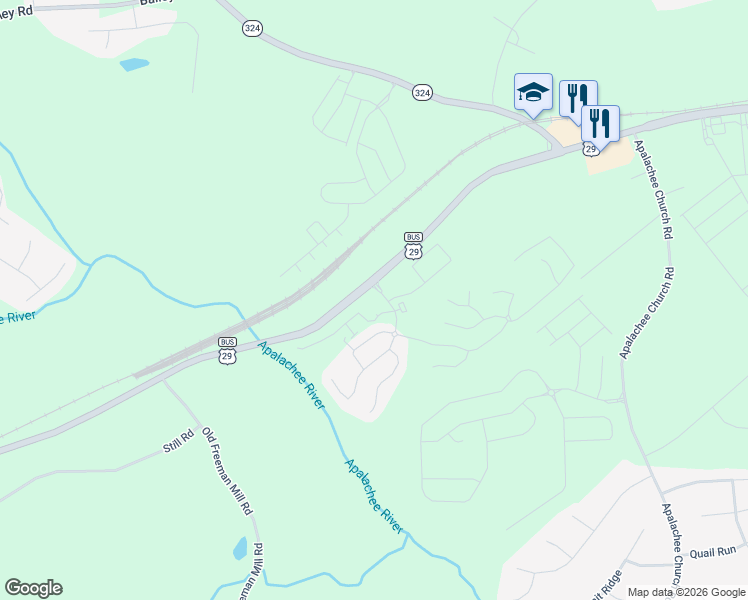 map of restaurants, bars, coffee shops, grocery stores, and more near Lawrenceville-Athens Highway in Auburn