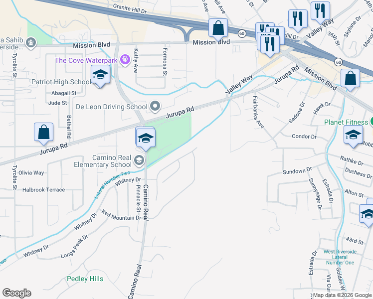 map of restaurants, bars, coffee shops, grocery stores, and more near 4643 Ridge Point Way in Riverside