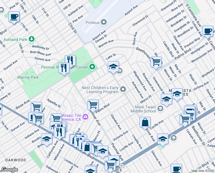 map of restaurants, bars, coffee shops, grocery stores, and more near 1348 Appleton Way in Los Angeles