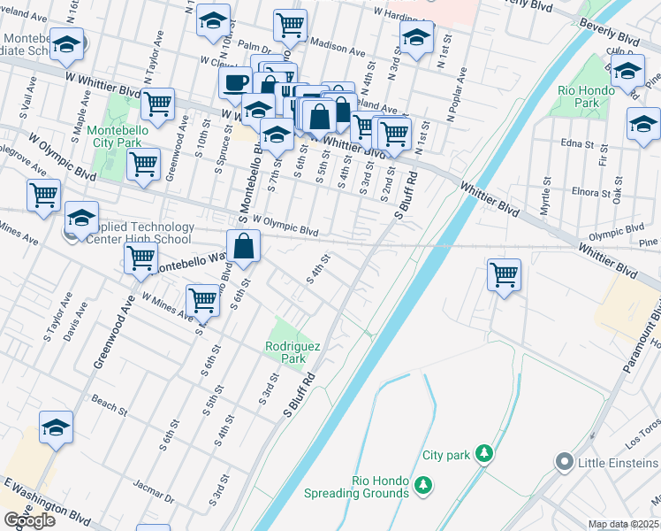 map of restaurants, bars, coffee shops, grocery stores, and more near 132 Mountain View Avenue in Montebello