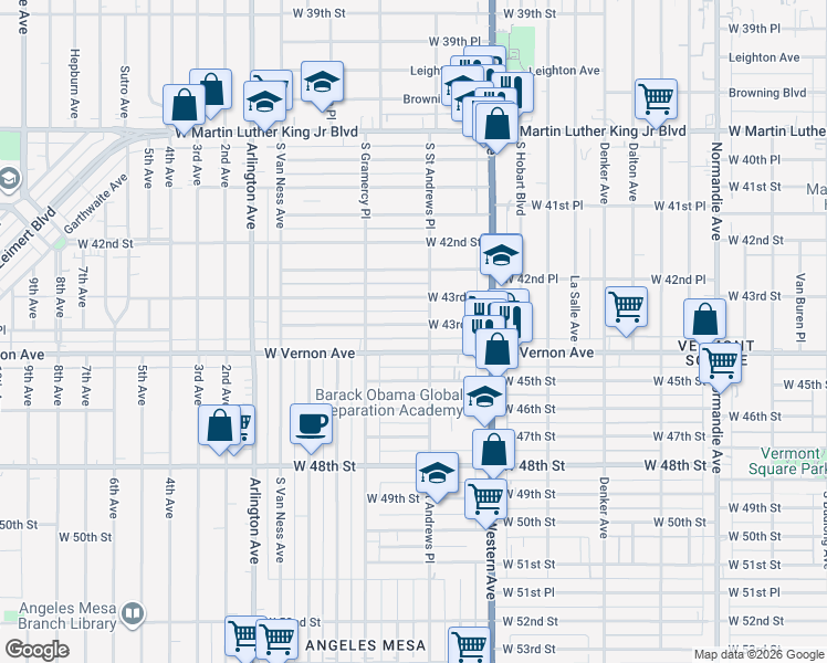 map of restaurants, bars, coffee shops, grocery stores, and more near 1816 West 43rd Place in Los Angeles