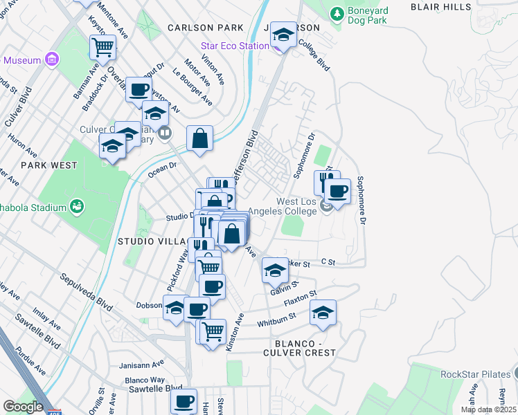 map of restaurants, bars, coffee shops, grocery stores, and more near 15000 Summertime Lane in Culver City