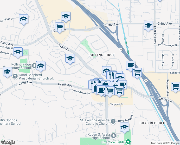 map of restaurants, bars, coffee shops, grocery stores, and more near 13585 Meadow Crest Drive in Chino Hills