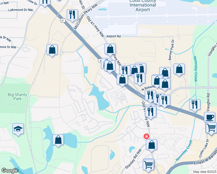map of restaurants, bars, coffee shops, grocery stores, and more near 1891 Ellison Lakes Court in Kennesaw