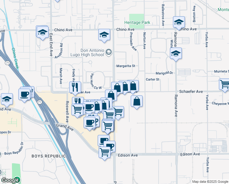 map of restaurants, bars, coffee shops, grocery stores, and more near Pipeline Avenue & Schaefer Avenue in Chino