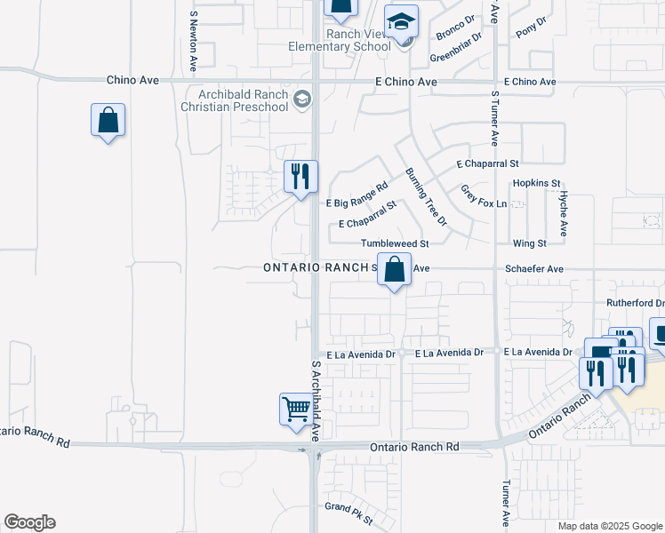 map of restaurants, bars, coffee shops, grocery stores, and more near 2716 Tumbleweed Street in Ontario