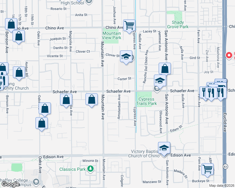 map of restaurants, bars, coffee shops, grocery stores, and more near 13684 Joshua Lane in Chino