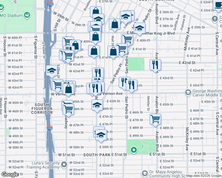 map of restaurants, bars, coffee shops, grocery stores, and more near 4319 San Pedro Place in Los Angeles