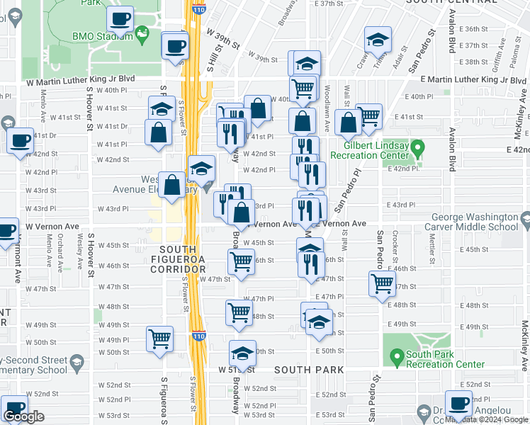 map of restaurants, bars, coffee shops, grocery stores, and more near 203 West 43rd Place in Los Angeles