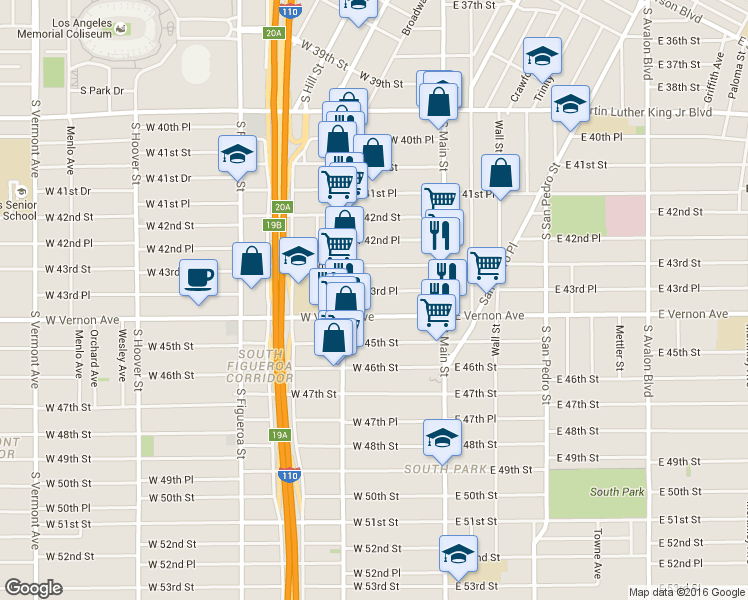 map of restaurants, bars, coffee shops, grocery stores, and more near 203 West 43rd Place in Los Angeles