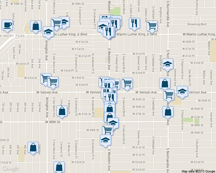 map of restaurants, bars, coffee shops, grocery stores, and more near 4315 South Western Avenue in Los Angeles
