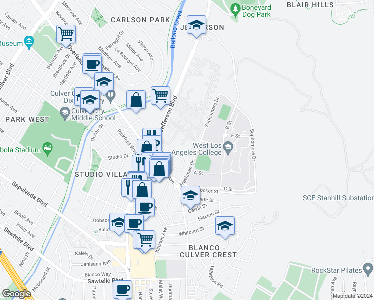 map of restaurants, bars, coffee shops, grocery stores, and more near 3000 Summertime Lane in Culver City
