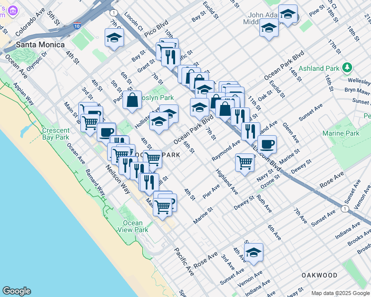 map of restaurants, bars, coffee shops, grocery stores, and more near 2613 6th Street in Santa Monica