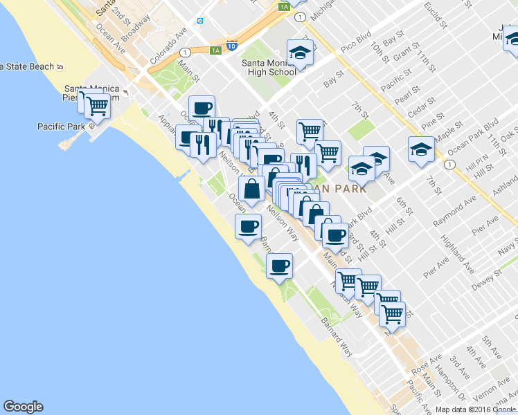 map of restaurants, bars, coffee shops, grocery stores, and more near 126 Pacific Street in Santa Monica