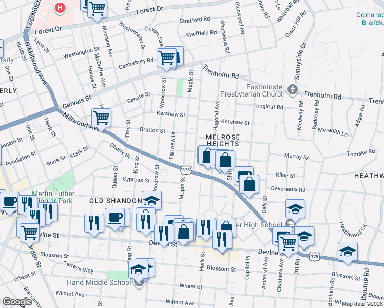map of restaurants, bars, coffee shops, grocery stores, and more near 1216 Gladden Street in Columbia