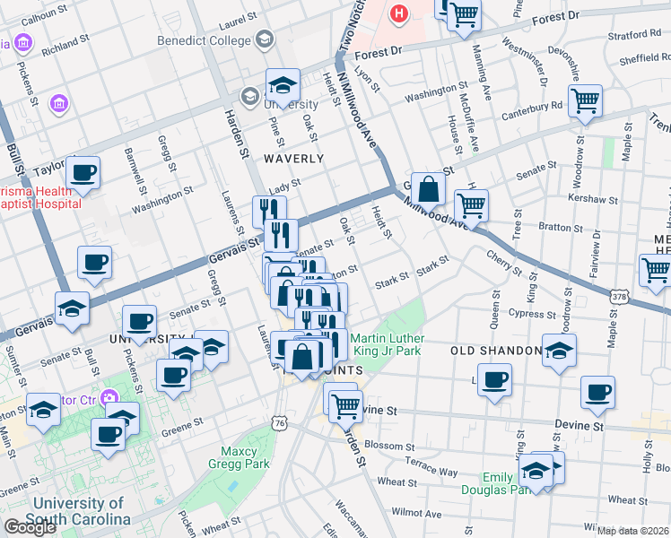map of restaurants, bars, coffee shops, grocery stores, and more near 1018 Pine Street in Columbia