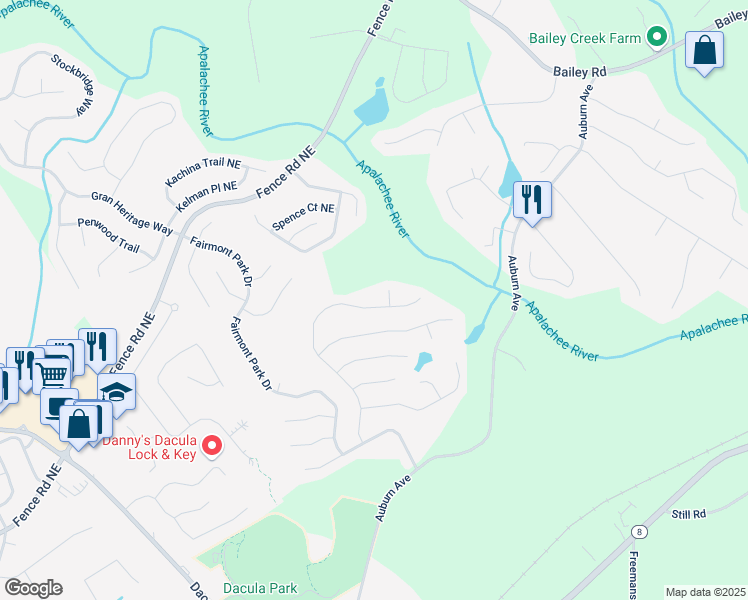 map of restaurants, bars, coffee shops, grocery stores, and more near 520 Ballyshnnon Drive in Dacula