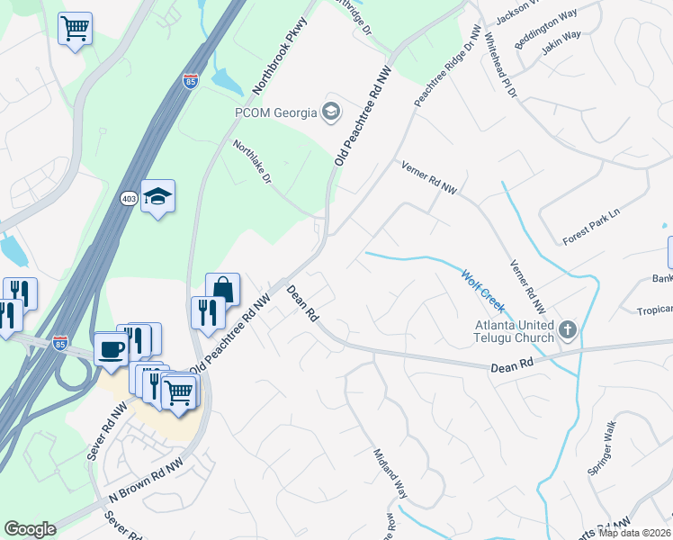map of restaurants, bars, coffee shops, grocery stores, and more near 1049 Falcon Crest Drive in Lawrenceville