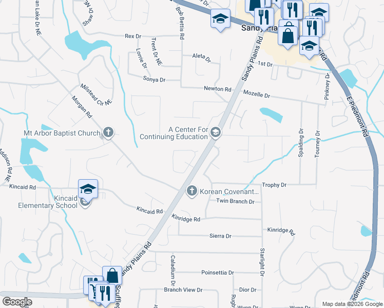 map of restaurants, bars, coffee shops, grocery stores, and more near 2165 Whitehall Drive Northeast in Marietta