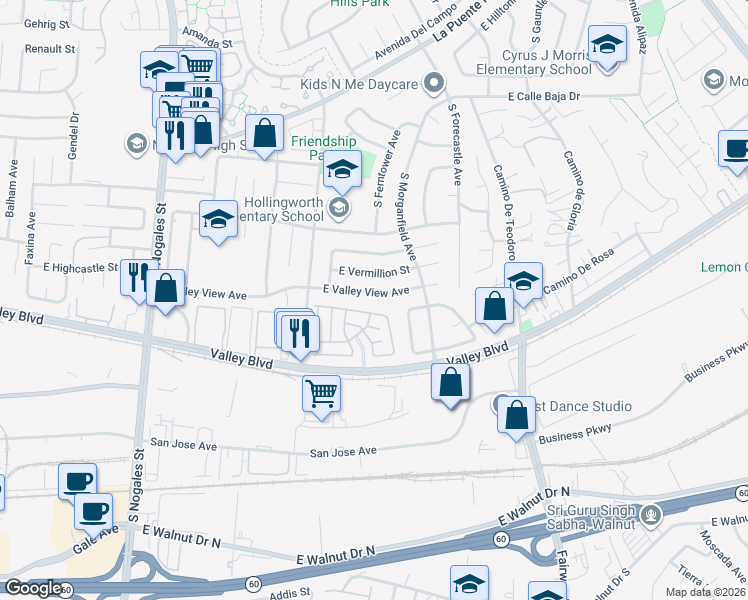 map of restaurants, bars, coffee shops, grocery stores, and more near 3044 East Valley View Avenue in West Covina