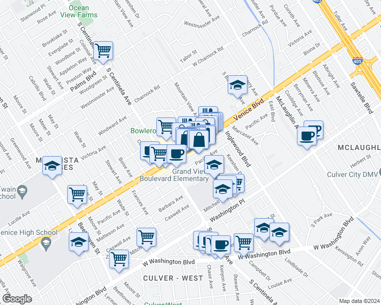 map of restaurants, bars, coffee shops, grocery stores, and more near 12218 Venice Boulevard in Los Angeles