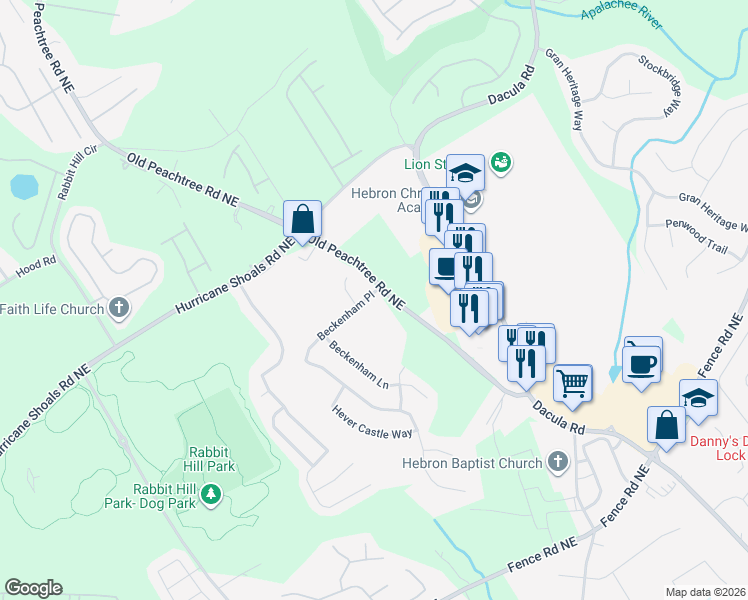 map of restaurants, bars, coffee shops, grocery stores, and more near 2460 Beckenham Place in Dacula