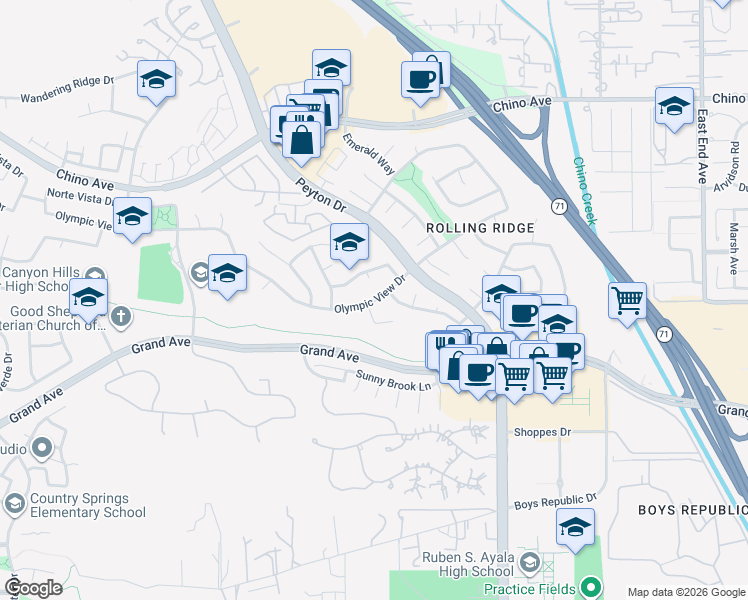 map of restaurants, bars, coffee shops, grocery stores, and more near 3030 Olympic View Drive in Chino Hills