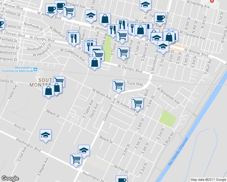 map of restaurants, bars, coffee shops, grocery stores, and more near 1118 Calle Montana in Montebello