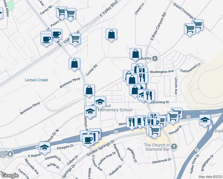 map of restaurants, bars, coffee shops, grocery stores, and more near 20739 Lycoming Street in Walnut