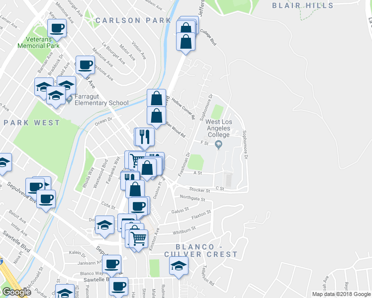 map of restaurants, bars, coffee shops, grocery stores, and more near 13209 Summertime Lane in Culver City
