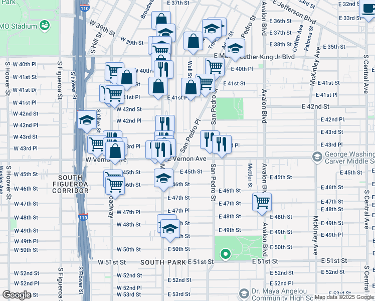 map of restaurants, bars, coffee shops, grocery stores, and more near 4319 San Pedro Place in Los Angeles
