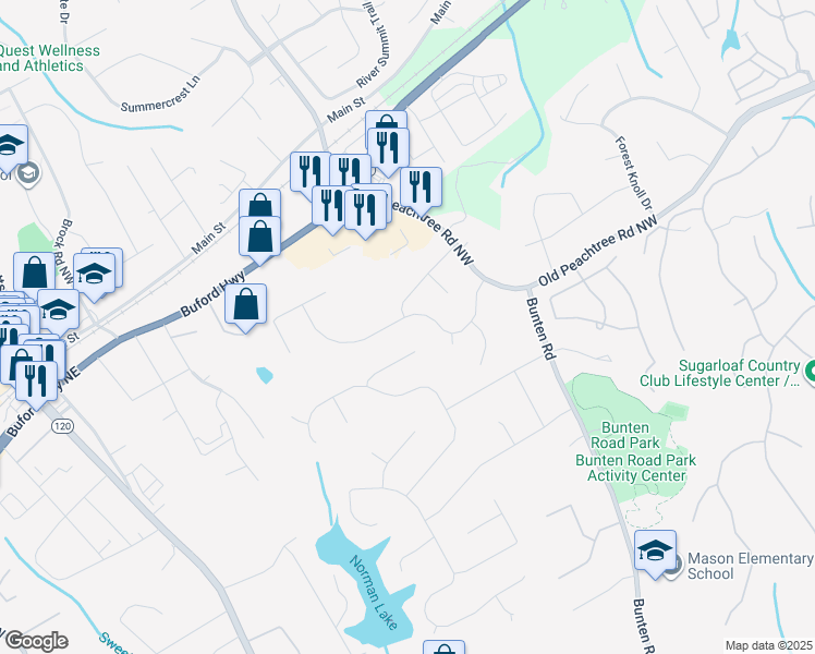 map of restaurants, bars, coffee shops, grocery stores, and more near 2726 Peachtree Walk in Duluth