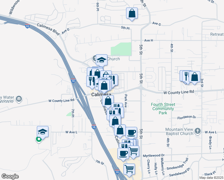 map of restaurants, bars, coffee shops, grocery stores, and more near 34112 County Line Road in Yucaipa