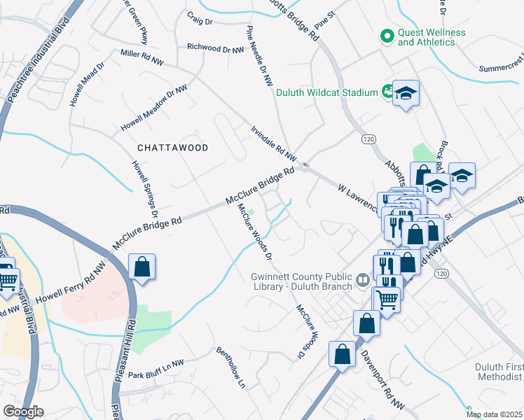 map of restaurants, bars, coffee shops, grocery stores, and more near 3545 Strathmore Drive in Duluth