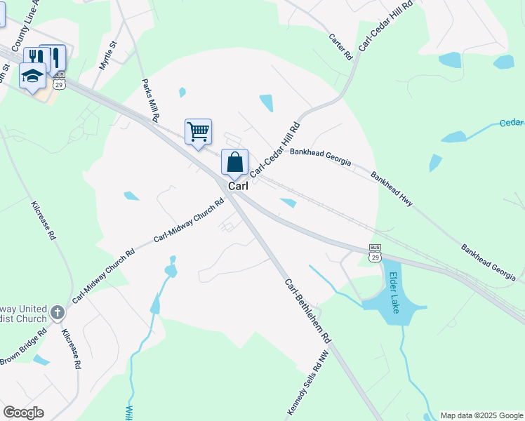 map of restaurants, bars, coffee shops, grocery stores, and more near 1071 Atlanta Highway Northwest in Auburn