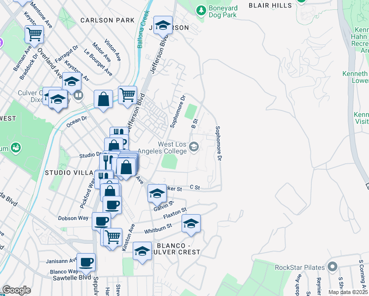 map of restaurants, bars, coffee shops, grocery stores, and more near 9000 Overland Avenue in Culver City