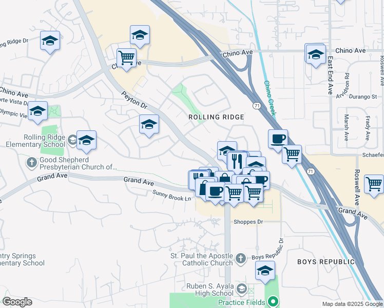 map of restaurants, bars, coffee shops, grocery stores, and more near 13585 Meadow Crest Drive in Chino Hills