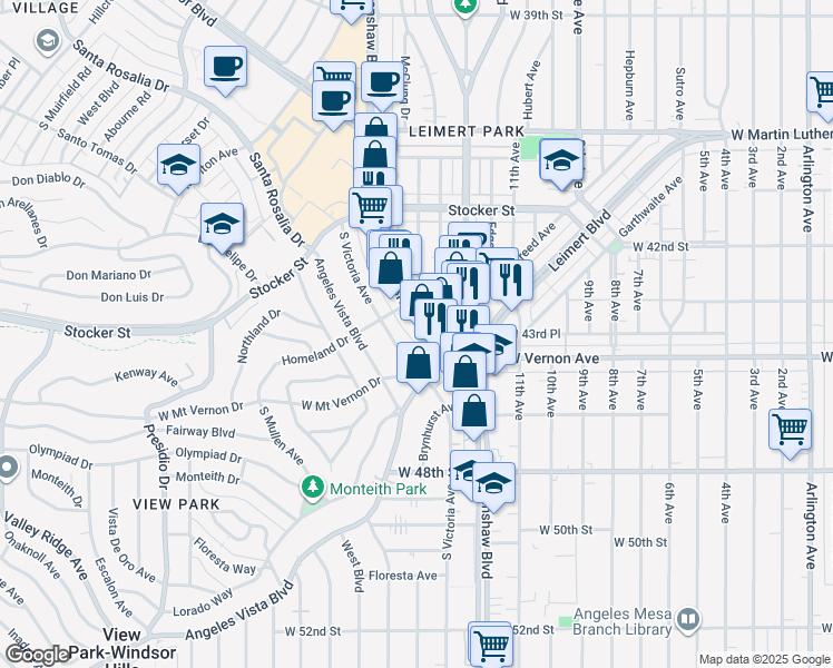 map of restaurants, bars, coffee shops, grocery stores, and more near 4308 Crenshaw Boulevard in Los Angeles
