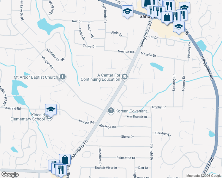 map of restaurants, bars, coffee shops, grocery stores, and more near 2165 Whitehall Drive Northeast in Marietta