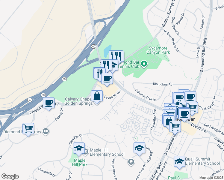 map of restaurants, bars, coffee shops, grocery stores, and more near 747 Grand Avenue in Diamond Bar