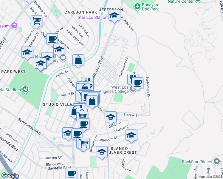 map of restaurants, bars, coffee shops, grocery stores, and more near 13109 Summertime Lane in Culver City