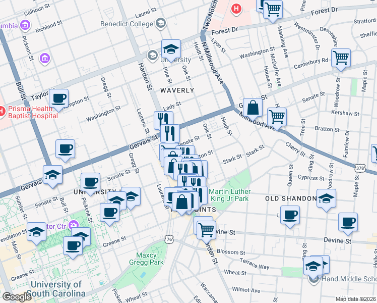 map of restaurants, bars, coffee shops, grocery stores, and more near 1018 Pine Street in Columbia