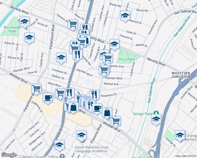 map of restaurants, bars, coffee shops, grocery stores, and more near 9246 Olympic Boulevard in Pico Rivera